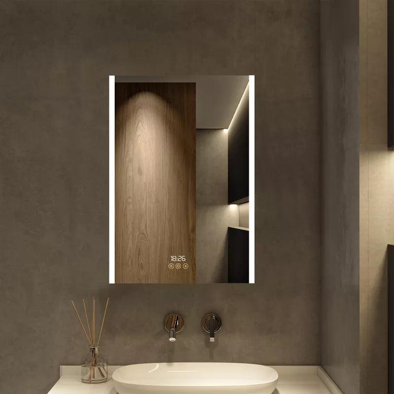 HBEZON LED Medicine Cabinet with Mirrors and Lights, Recess/Wall Mount Bathroom Cabinet, 3 Mode Light, Dimmable, Anti Fog, Time  Temp, Outlet, Silver