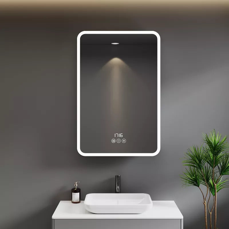 HBEZON LED Medicine Cabinet with Lights and Mirrors, Recess/Wall Mount Bathroom Cabinet, 3 Mode Lights, Dimmable, Anti Fog, Time Temp Display, Silver