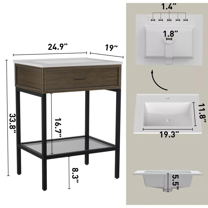 Bathroom Vanity with Resin Sink, Freestanding Modern Bathroom Cabinet Set with Metal Frame and Open Storage Glass Shelf