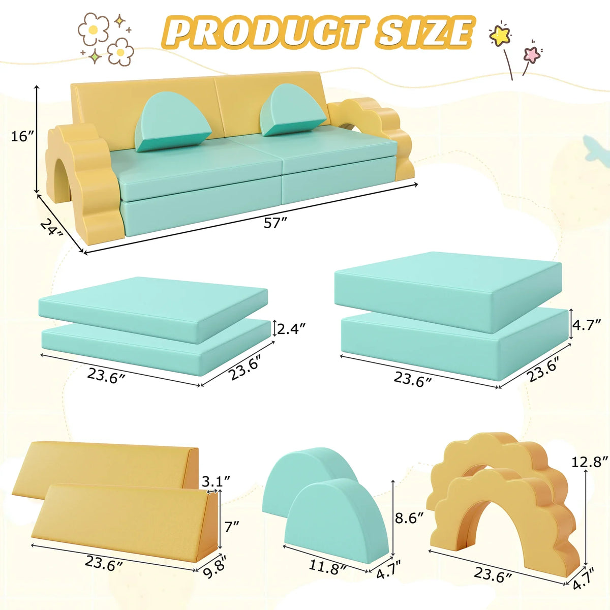 10PCS Modular Kids Play Couch for Playroom, Convertible Toddler Sofa with Foam Climbing Blocks, Non-Slip Design, Indoor Creative Play Set for Crawling, Fort Building & Safe Play, Mint Green