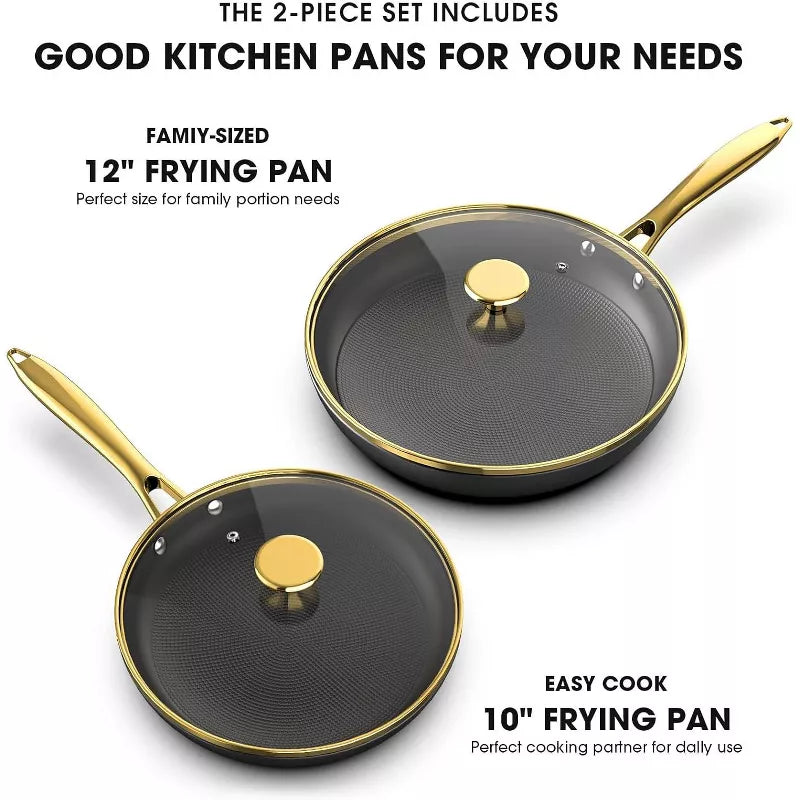 imarku Frying Pans, Frying Pan with Lid 2Pcs - 10 Inch and 12 Inch Long Lasting Nonstick Frying Pan Cast Iron Skillets, Frying Pans Nonstick with Lid