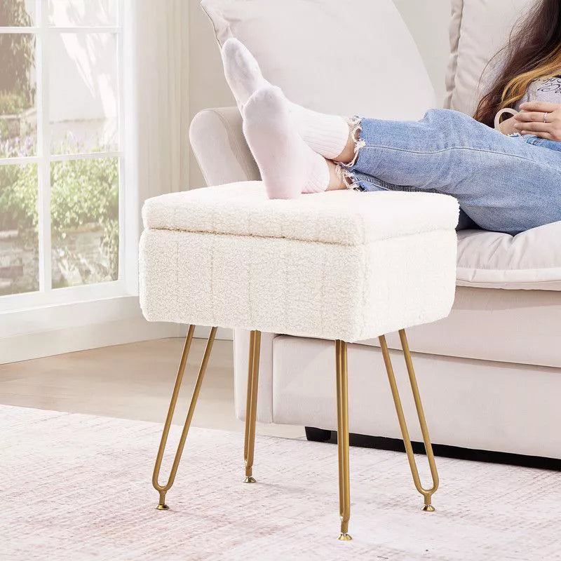 Hyleory Teddy Fabric Storage Ottoman, Vanity Stool Plush with Hidden Storage for Bedroom Living Room Vanity
