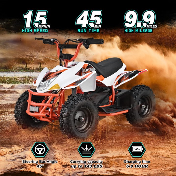 Electric ATV,Dirt Quad 4 Wheelers Vehicle 36V Kids Quad Bike 500W 12 15MPH Adjustable Speed Dual Suspension for Kids Ages 13+ (Orange)