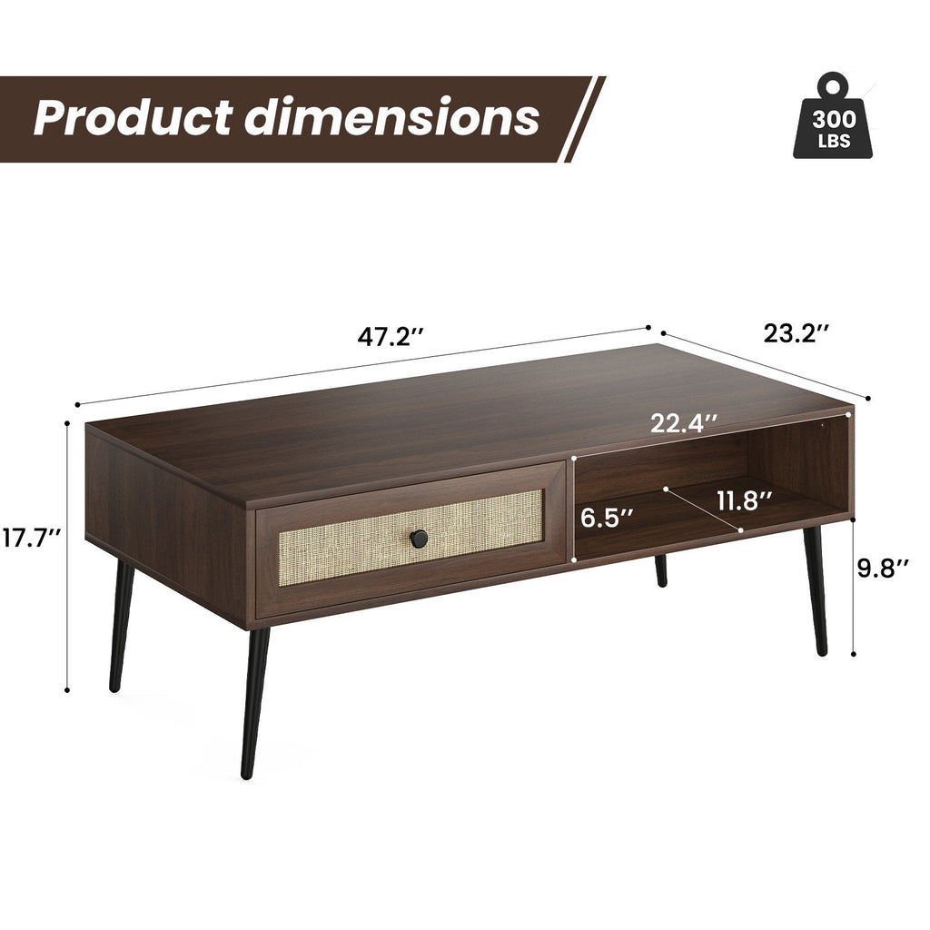 Farini 47" Modern Coffee Table, Rectangle Living Room Table with Drawer & Open Shelf for Living Room, Office, Walnut