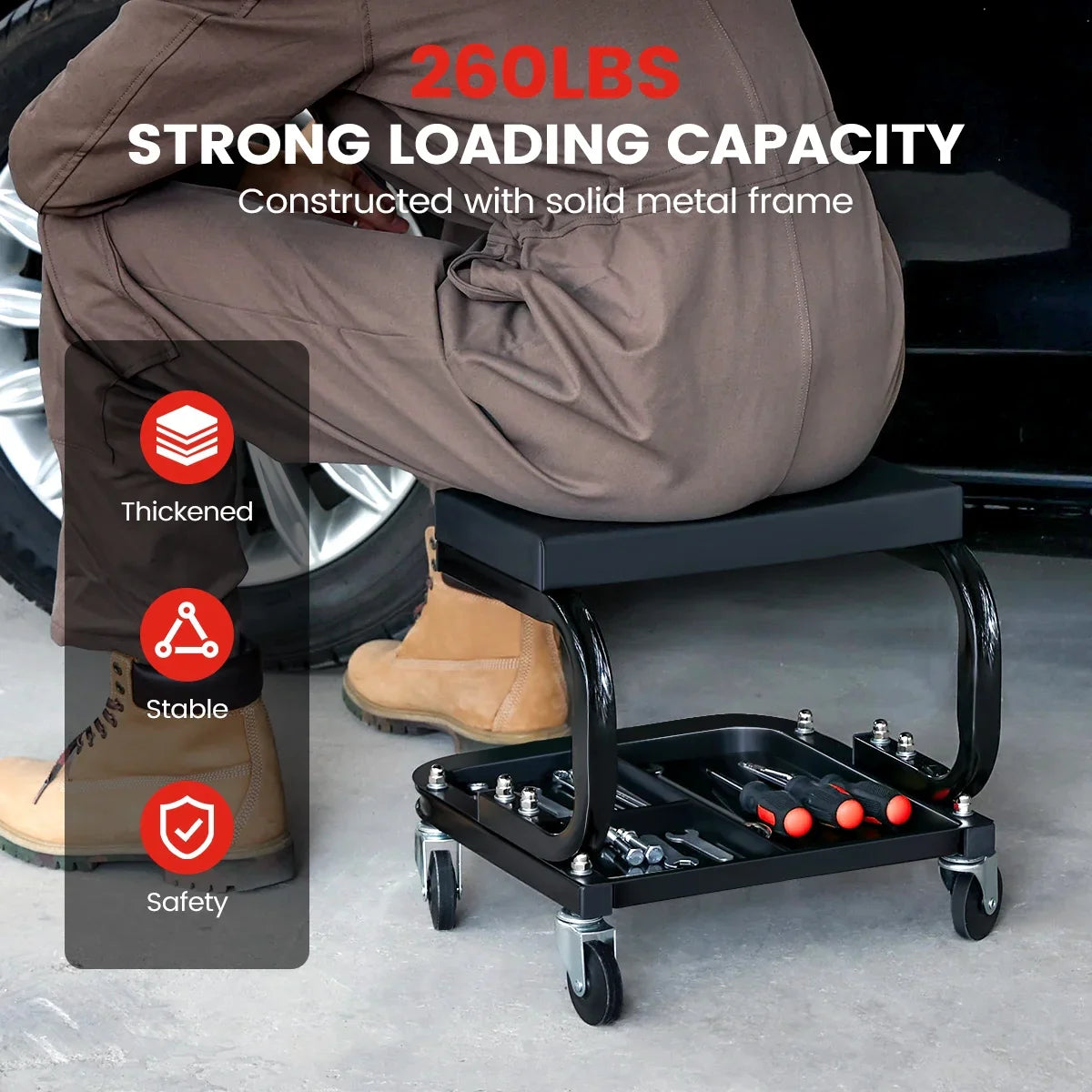 KROAK 14.2 Rolling Creeper Garage/Shop Seat with 3 Segmented Tool Tray, 260 Lbs Capacity, 360 2.5 Casters, Comfortable Car Repair Mechanic Stool, Black