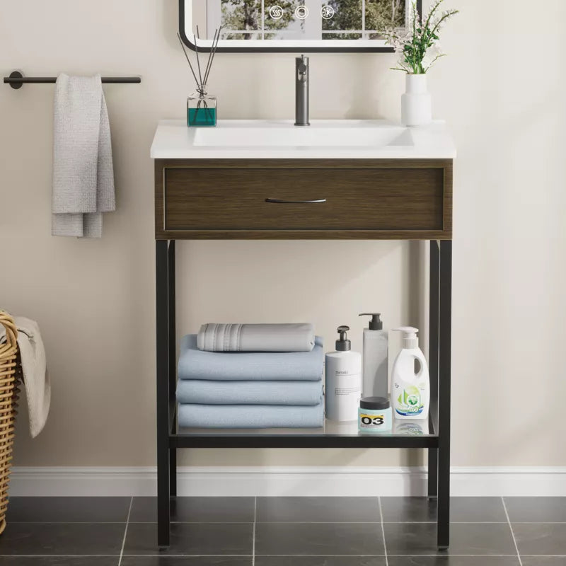 Bathroom Vanity with Resin Sink, Freestanding Modern Bathroom Cabinet Set with Metal Frame and Open Storage Glass Shelf