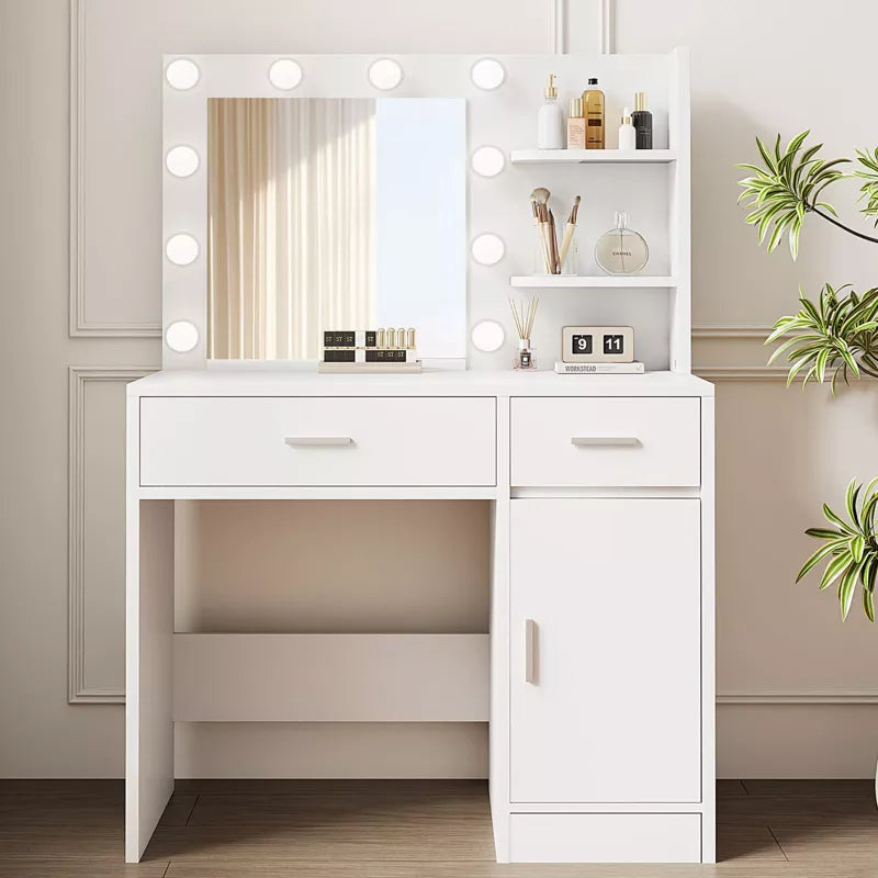 HYLEORY Vanity Desk with Mirror, Power Outlet and 10 Lights, Makeup Table with 3 Drawers,3 Color Modes Available for Bedroom