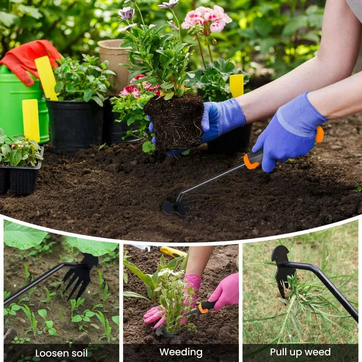 Fixdono Weed Puller Tool with Gloves, Weeder Hand Tool for Garden, Weeding Tool with 4 Claws, Weeder Garden Root Remover Tool for Garden, Gap or Corner Weeding, 3 Pack