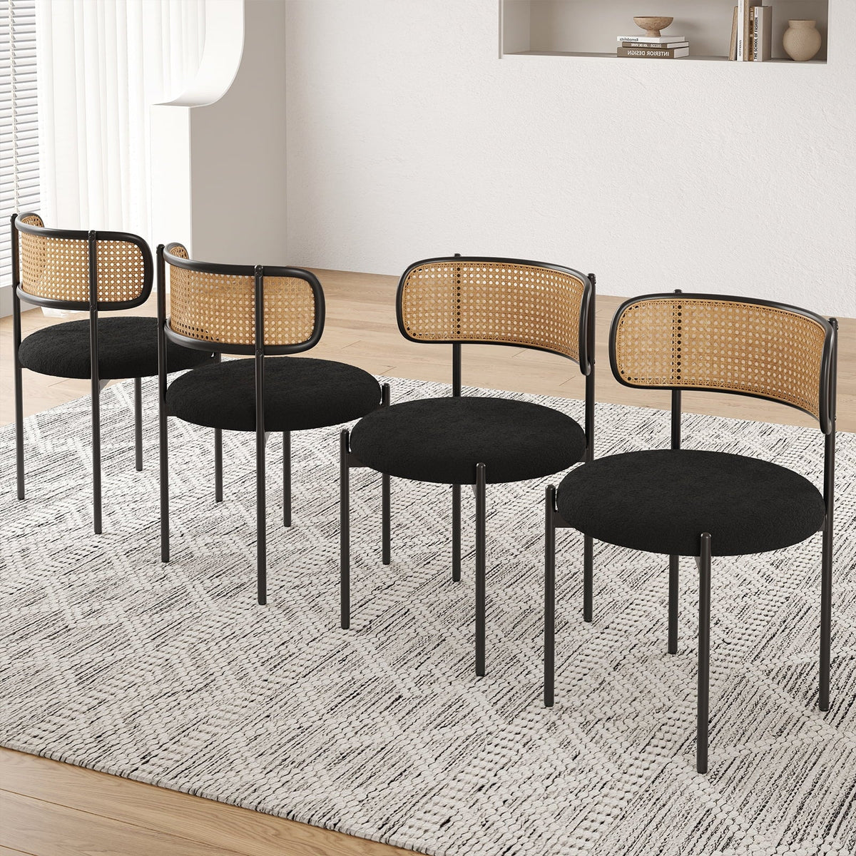 Farini Upholstered Dining Chair Set of 4, Rattan Backrest Kitchen Chair, Black
