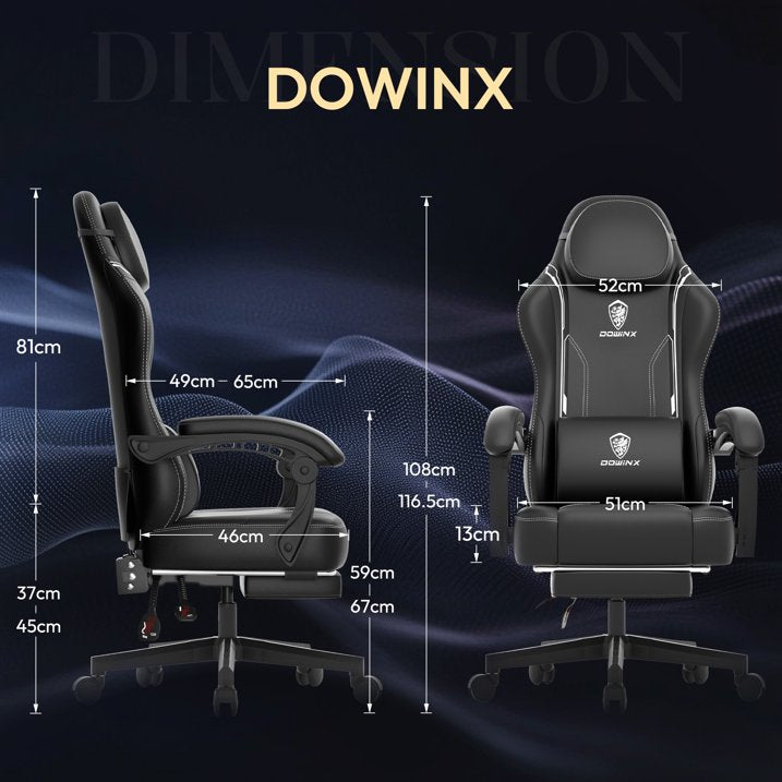 Dowinx Ergonomic Gaming Chair High Back PU Leather Office Chair with Pocket Spring Cushion, Massage Lumbar Support & Adjustable Footrest, 300LBS Weight Capacity for Adults, Computer Gaming, Black