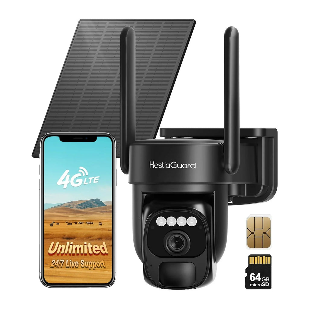 HestiaGuard 4G LTE Cellular Security Camera Solar Powered with Built-in SIM Card, Remote Access, Motion Alerts, Auto Human Tracking, 2K HD Color Night Vision, Non-WiFi Design