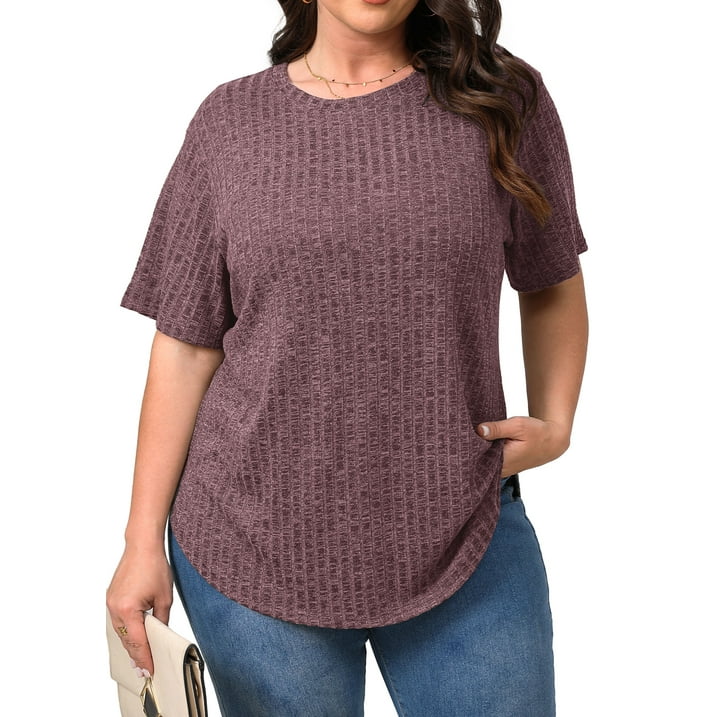 Fantaslook Womens Plus Size Tops Crewneck Short Sleeve Shirts Casual Loose Tunic Tops Curved Hem Summer Blouses