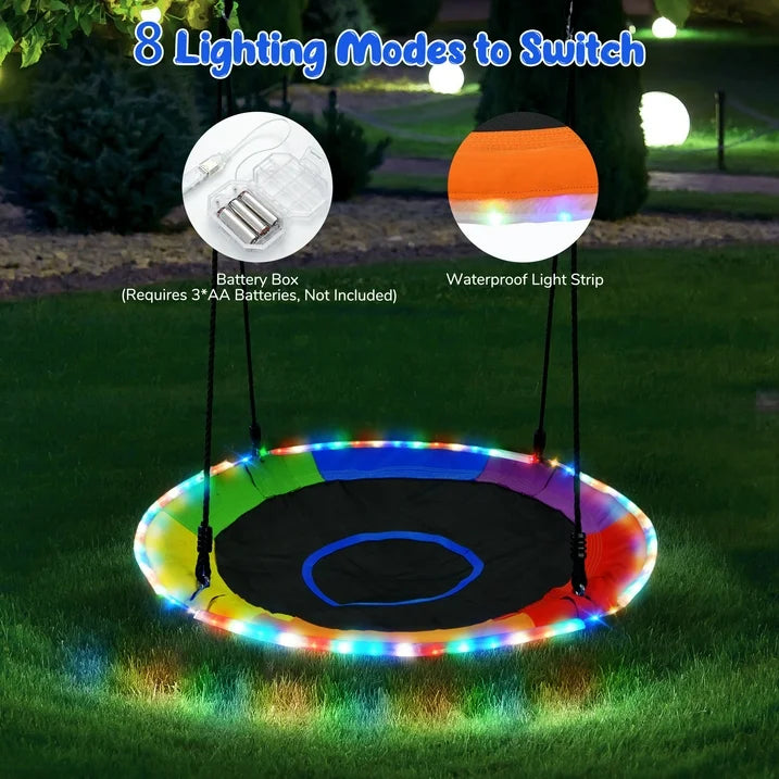 KloKick 700lbs 40 Saucer Tree Swing for Kids  Adults  Durable Outdoor Swing with LED Lights, 2 Tree Hanging Straps. Rainbow