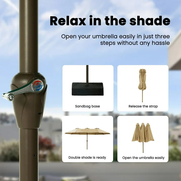 Greforg 15FT Triple Outdoor Patio Umbrella with Base Included  Vented Canopy, Waterproof  UV Protection, Ideal for Garden, Deck, Poolside, and Restaurant Beige