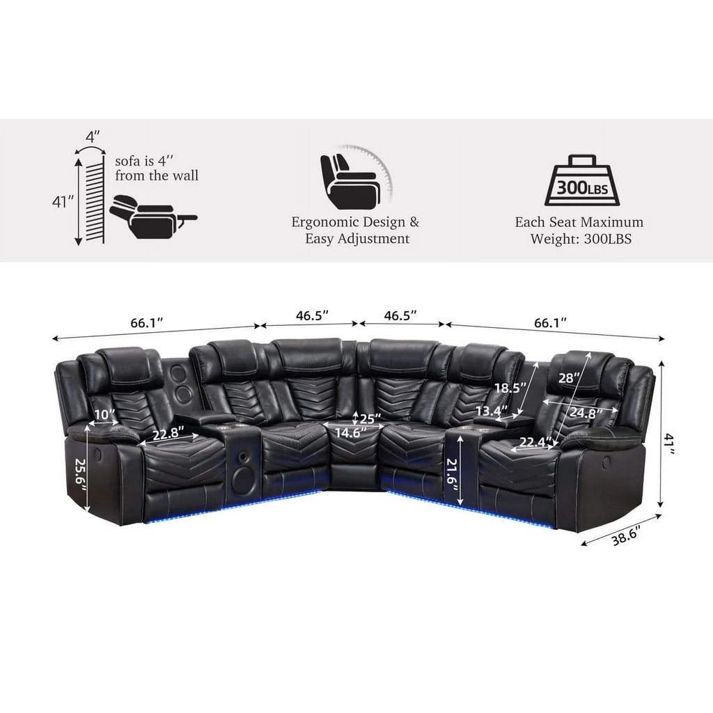Othniel Power Reclining Sectional Couch with Bass Speaker Ambient Light USB Port,Cup Holder Black