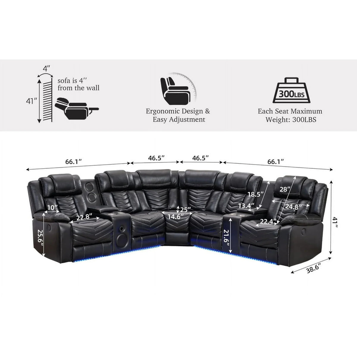 Othniel Power Reclining Sectional Couch with Bass Speaker Ambient Light USB Port,Cup Holder Black