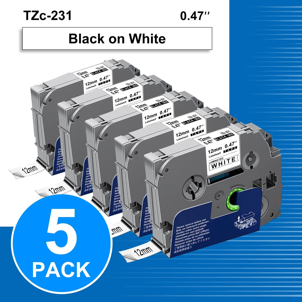5-Pack 231 Label Maker Tape for Brother P Touch TZe231 Tape Label Tape 12mm 0.47 Inch Laminated White Label Maker Tape TZe-231 for P Touch PT-D210 PTH110 PT-D220 PTD600, 26.2 Feet