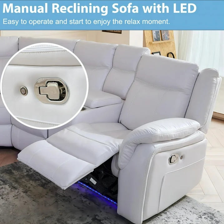 Othniel Manual Reclining Sectional Sofa with LED Light Recliner Cup Holder,USB Port White