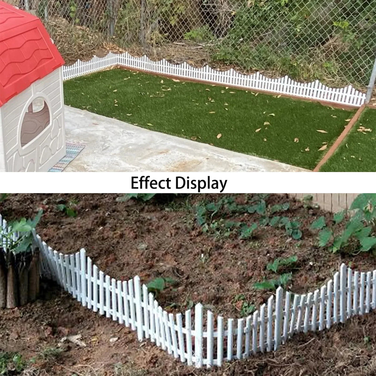 SUSUZI 10-Panel White Picket Fence Plastic Edging Garden Fence Lawn Flowerbed Borders Landscape Path Panels 13in Tall Pack of 10 (Overall Length 20 ft)