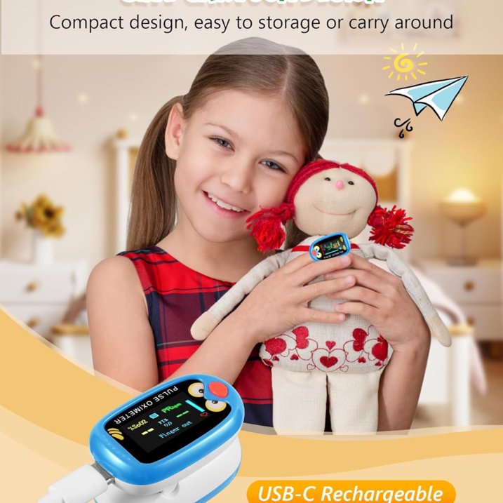 Pulse Oximeter, Rechargeable Oximeter for Kids Children, Blood Oxygen Saturation, Pulse Rate Monitor, Cute Cartoon Design, USB C Charging