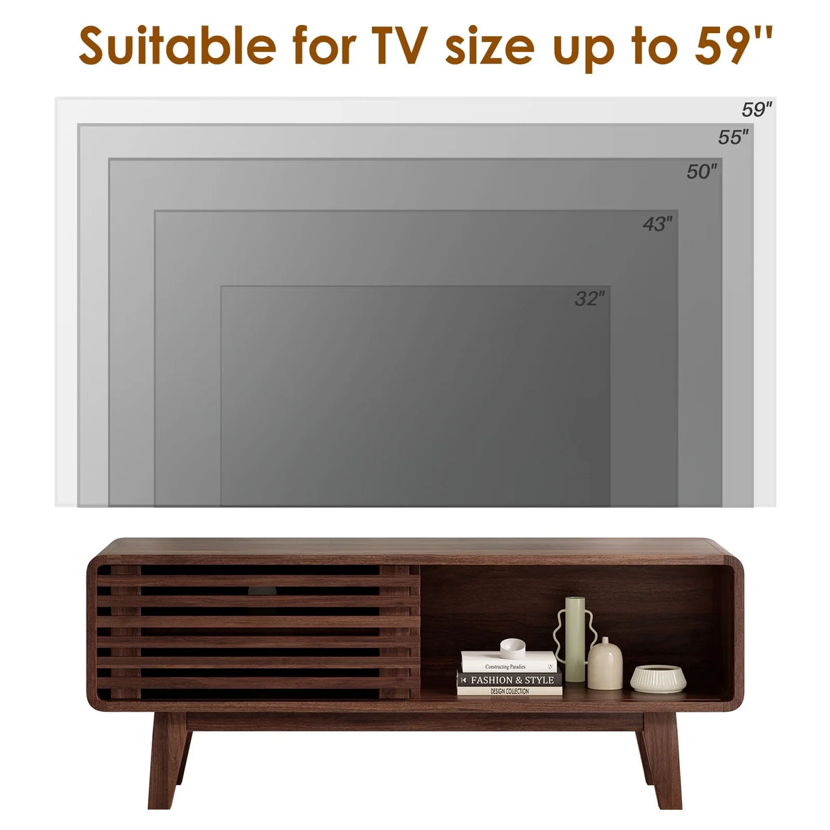 Farini TV Stand for TV up to 59", Entertainment Center with Storage and Sliding Door, Walnut