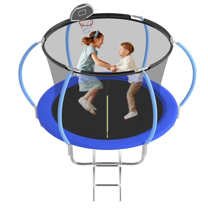 Ovatoys 800LBS 8FT Trampoline for 5 6 Kids ,Trampoline with Safety Enclosure Net,Basketball Hoop and Ladder, Easy Assembly Round Outdoor Recreational Trampoline,Age (3-10)