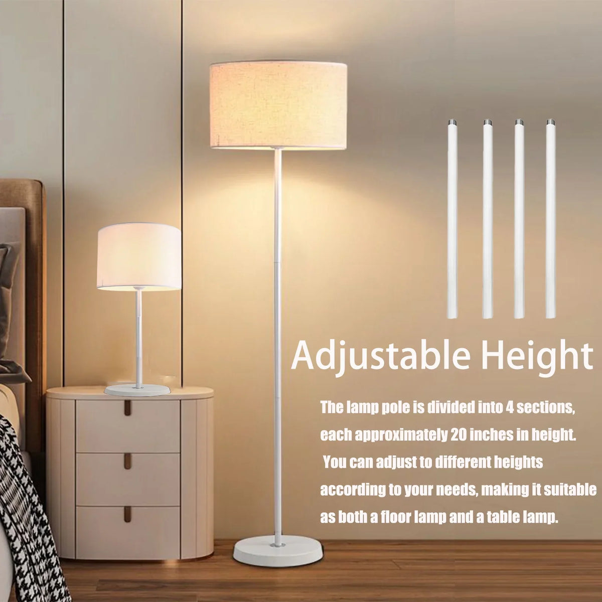 Susuzi 60 inch White Floor Lamp for Bedroom Living Room, Traditional Dimmable Standing Lamps - Bulb Included