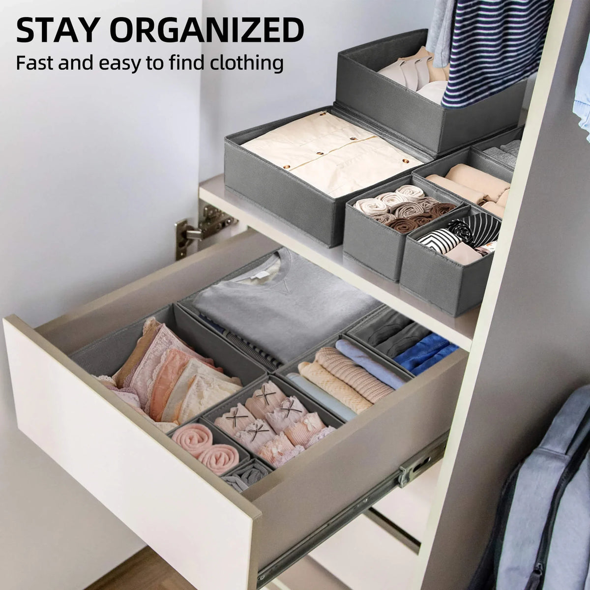 Fixdono Drawer Organizer for Clothes, Dresser Drawer Organizer, 12 Pack, Gray