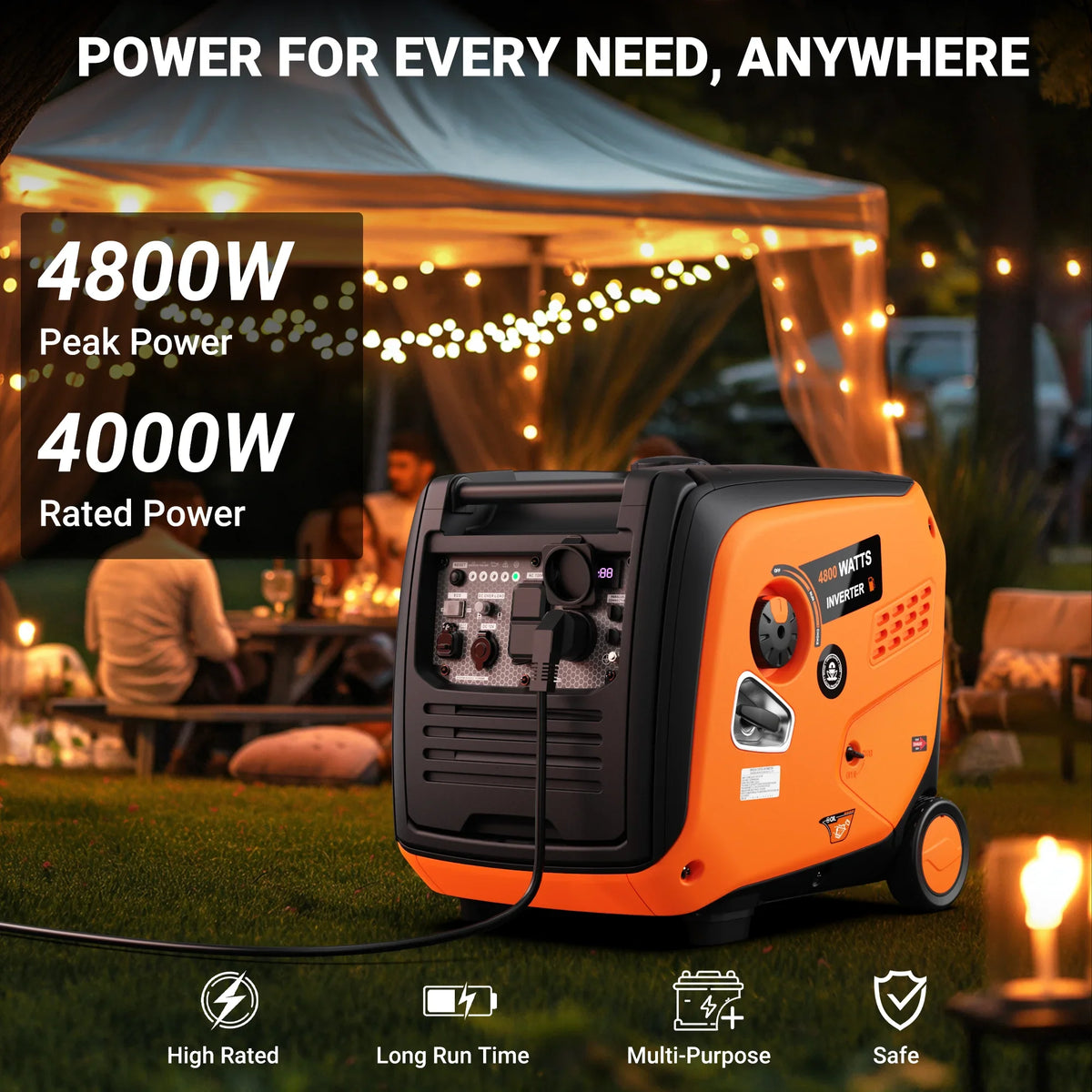 Efurden 4800 Watt Portable Inverter Generator Gas Powered with Wheels Handle Kit, CO Sensor, RV Ready, Low Noise for Home Backup and Outdoor