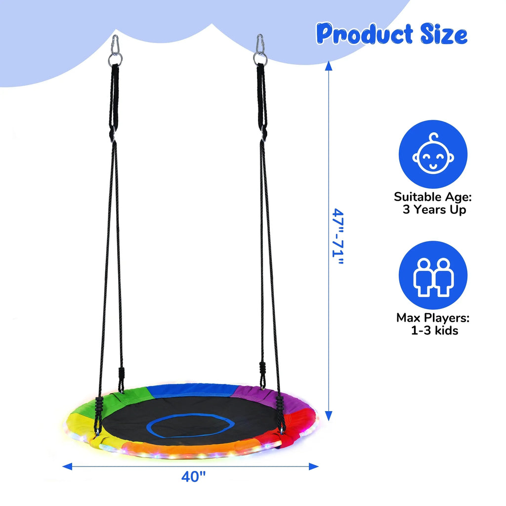 KloKick 700lbs 40 Saucer Tree Swing for Kids  Adults  Durable Outdoor Swing with LED Lights, 2 Tree Hanging Straps. Rainbow