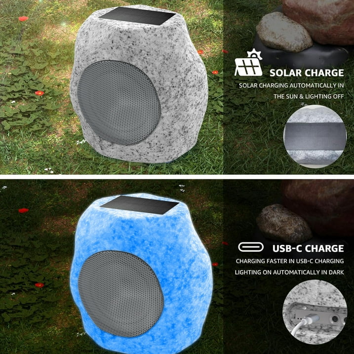 Outdoor Rock Speaker, Outdoor Speaker Bluetooth, Solar Charging, All Weather Use, Great for Pool, Garden, Patio