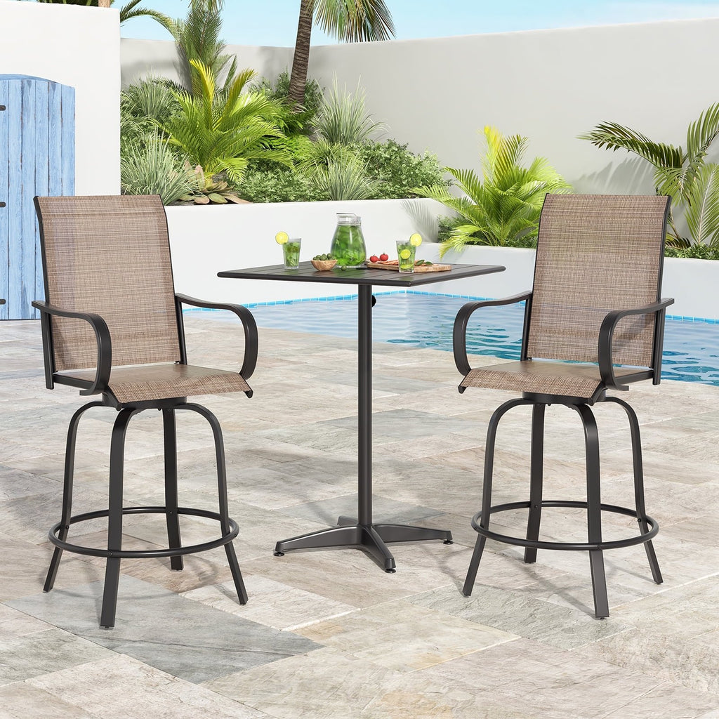Farini Outdoor Bar Stools Set of 2, 360°Swivel Patio Barstools with Textile Fabric,Ergonomic Comfort Bar Height Tall Outdoor Stools for Balcony,Brown