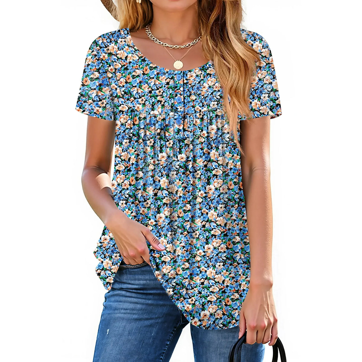 Fantaslook Women Tunic Tops Casual Henley Short Sleeve Shirts Floral Blouses Loose Summer Tops