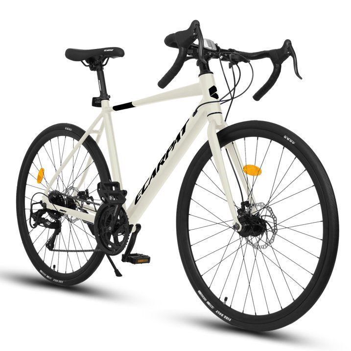 700C Road Bike, 16 Speed Outdoor Bicycle with Disc Brakes, Light Weight Racing Bikes with Aluminum Frame, L Size City Commute Bike for Adults, Cream