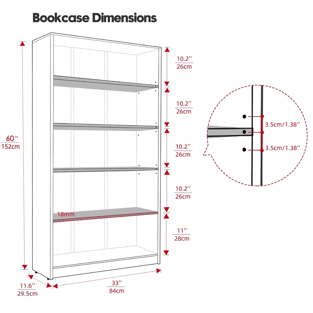 Farini 5 Tiers Bookcase, Wooden Bookcase with Adjustable Shelves for Home, Office, Mahogany