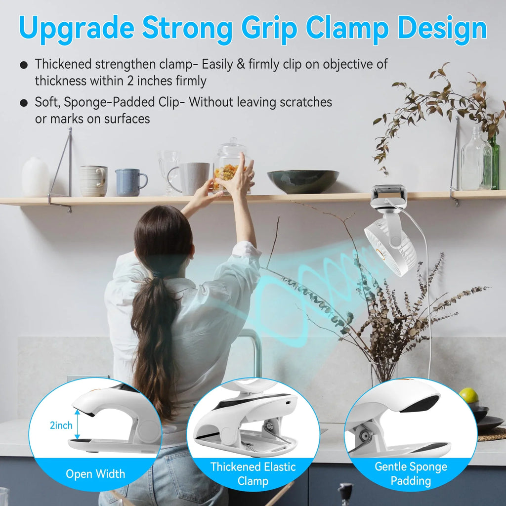Sentryse Small Clip on Fan, Mini Bedside Desk Fan, USB Plug, with Sturdy Clamp,White
