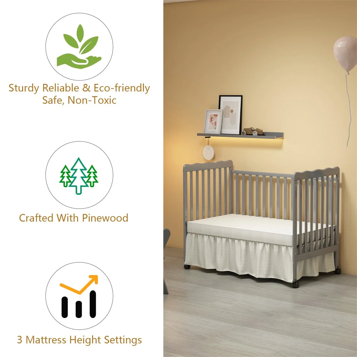 Baby Convertible Crib 3 In 1, Converts from Baby Crib to Toddler Bed, New Zealand Pinewood Baby Bed with Locking Wheels and Teething Rail, Crib with 4 Height and Non Toxic Finish, Stone Gray