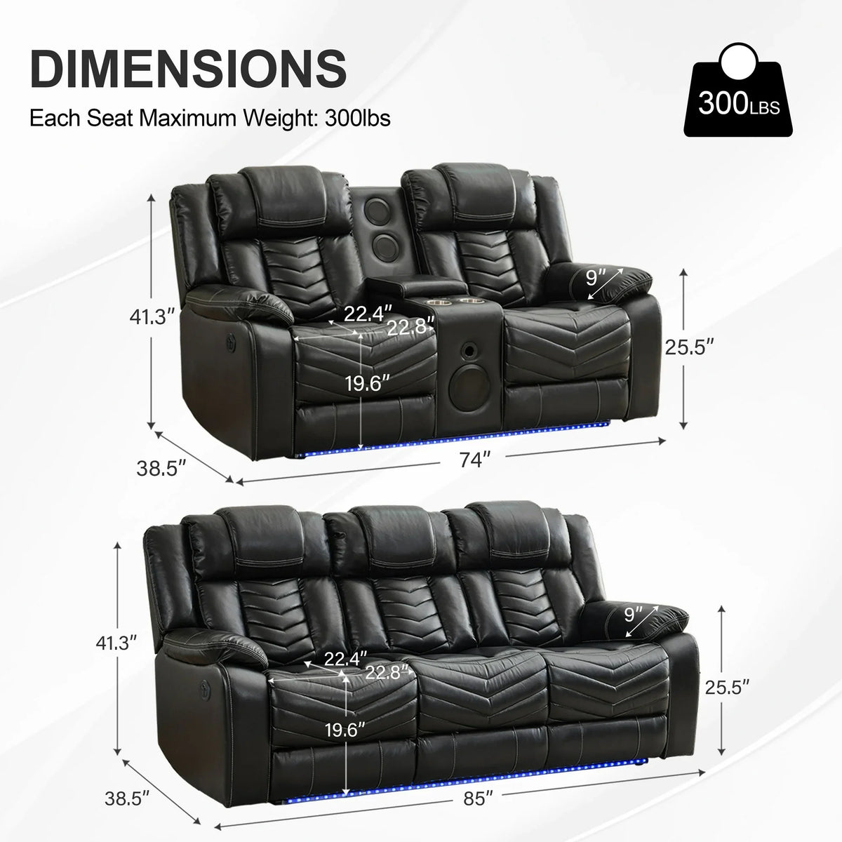 Othniel Power Recliner Sofa Set 5-Seater with Bass Speaker,Wireless Charger,LED Light Black