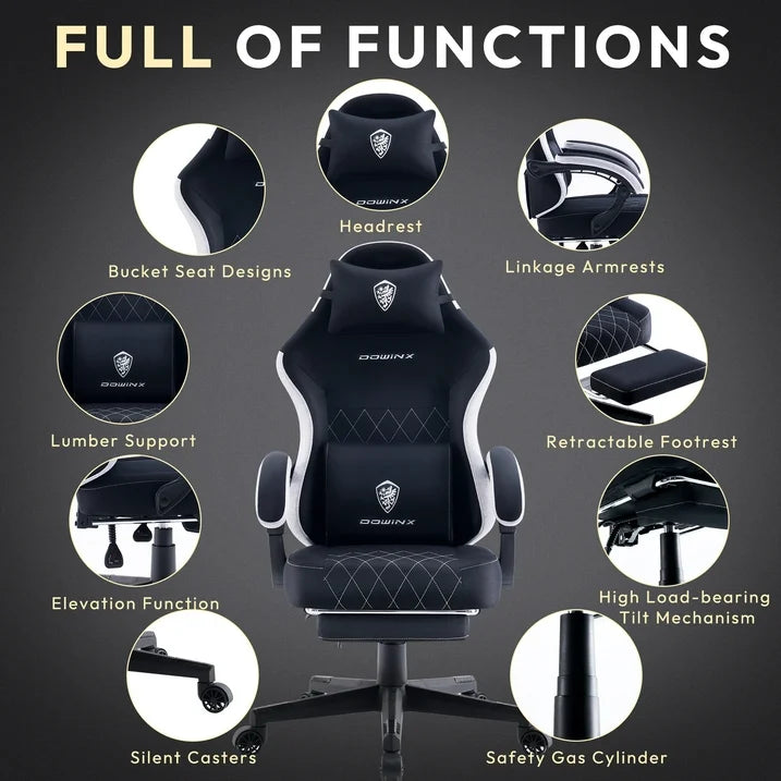 ‌Dowinx Fabric Gaming Chair with Pocket Spring Cushion High Back Ergonomic Office Chair, Adjustable Footrest & Lumbar Support, 300lbs Capacity, Black