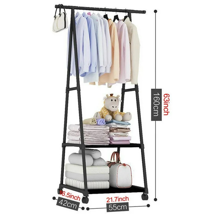 Clothes Rack on Wheels, Stainless Steel Rolling Garment Rack with with 2-Tier Storage Shelves and 2 Coat Hooks for Shoes, Clothing， Portable Garment Laundry Rack for Home Office