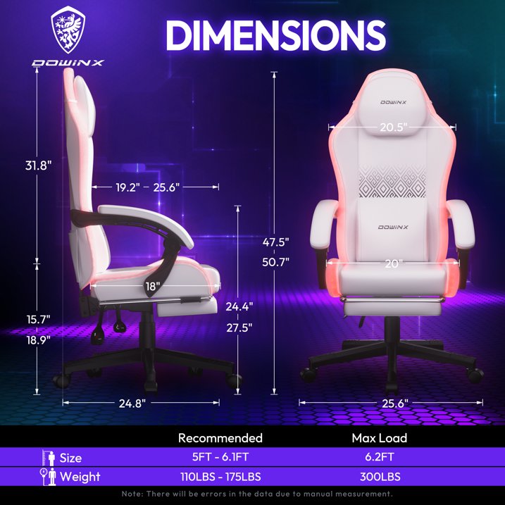 Dowinx RGB LED Gaming Chair with Massage Lumbar Support Footrest  Ergonomic PU Leather Video Game Chair for Adults, White