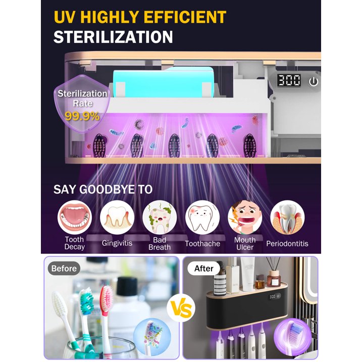 Sentryse Toothbrush Holders, UV Toothbrush Sanitizer and Holder, 5 Cups Electric Tooth Brush Holder Wall Mounted, Black