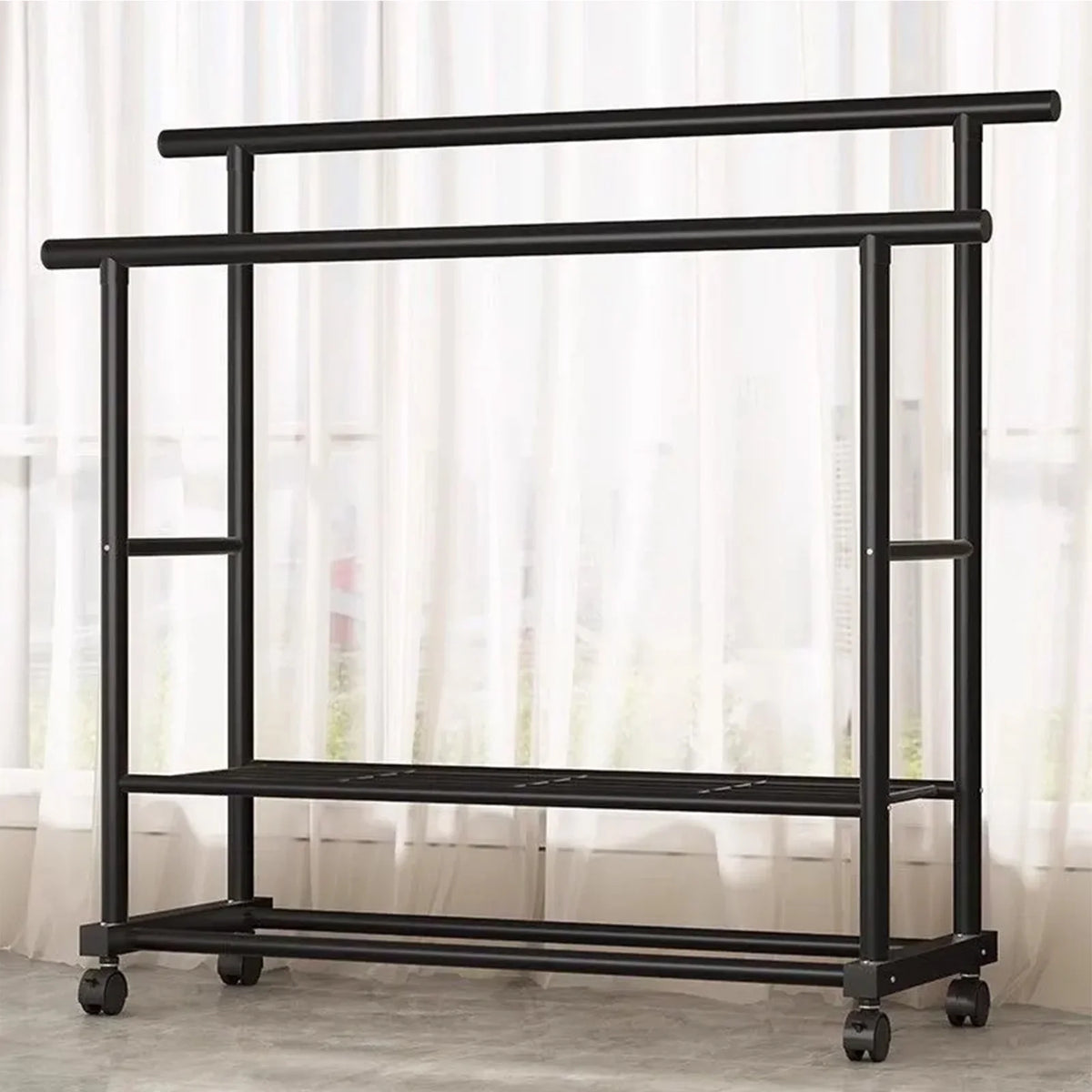 SUSUZI Double Rods Garment Rack with Wheels, Freestanding Clothing Rack for Hanging Clothes