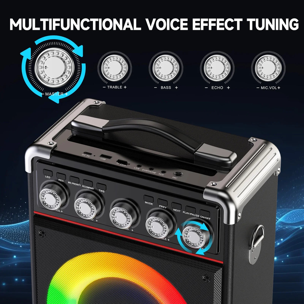 FanFun Party Speaker with 2 Microphone, 6.5" Subwoofer Portable Bluetooth Speaker with DJ Lights and Remote Control, 20W Powerful Stereo Sound and Deep Bass Outdoor Speaker
