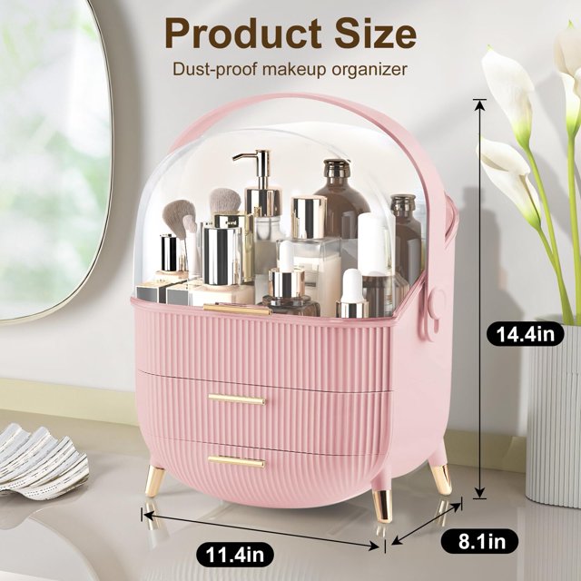Makeup Organizer for Vanity, Make up Organizers and Storage, Cosmetics Skincare Organizers with Lid and Drawers, Cosmetic Display Cases for Countertop, Bathroom, Dresser, Ideal Gifts for Women(Pink)
