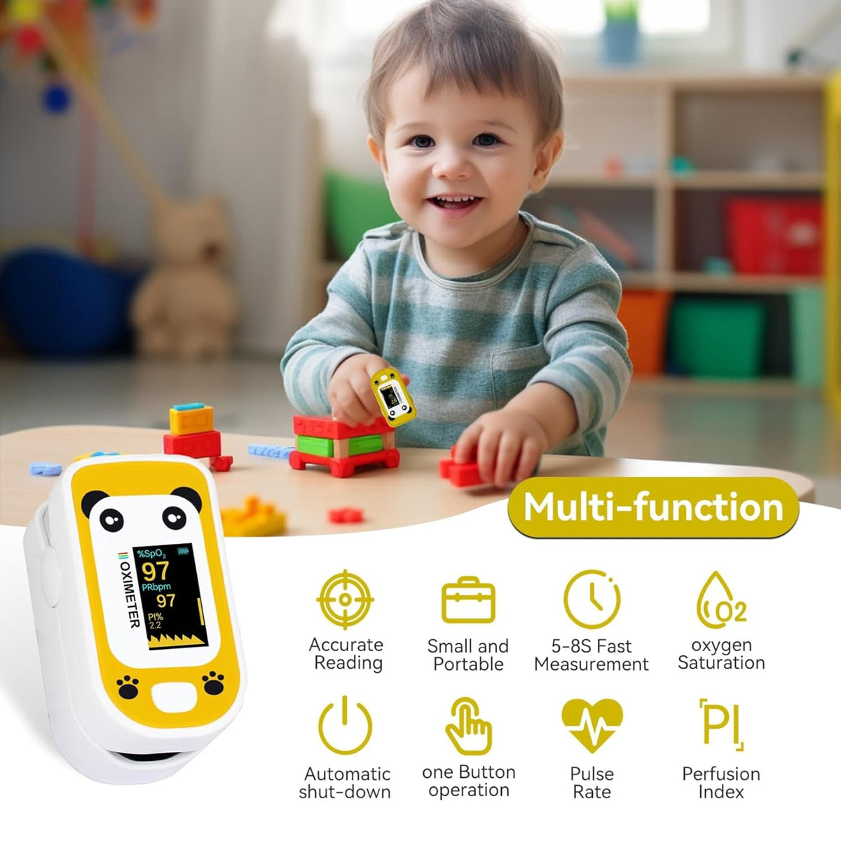 SUWU Pulse Oximeter, Rechargeable Oximeter for Kids  Children, Blood Oxygen Saturation, Pulse Rate Monitor, Cute Cartoon Design, USB C Charging,Yellow