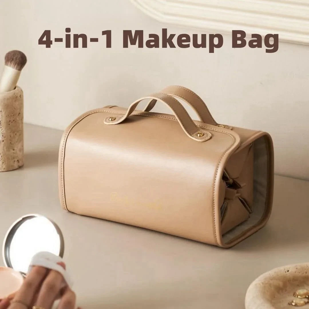 Portable 4-in-1 Foldable Cosmetic Bag - Large Capacity, Waterproof Travel Makeup Organizer with Detachable Design (Brown)