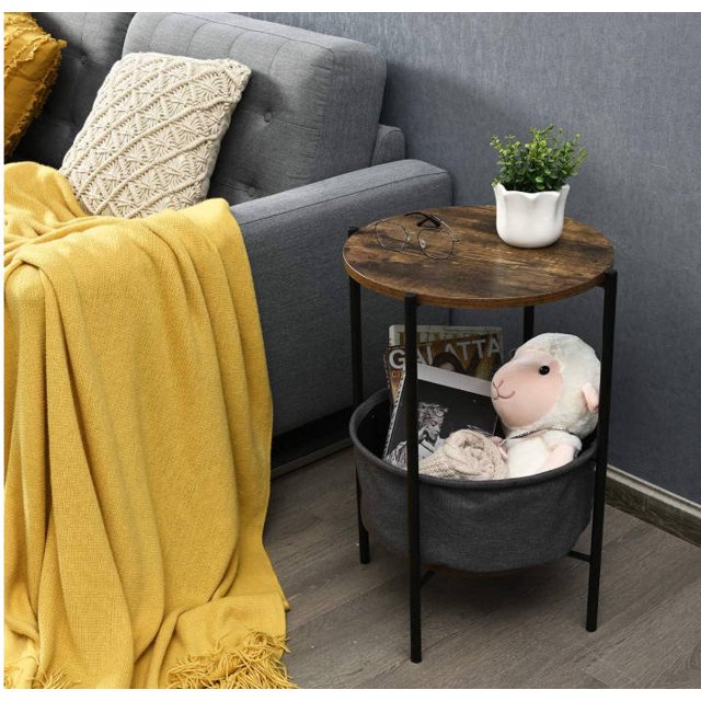 Round Side Table with Fabric Basket,Functional Small Side Table for Living Room, Dorm,Bedroom.