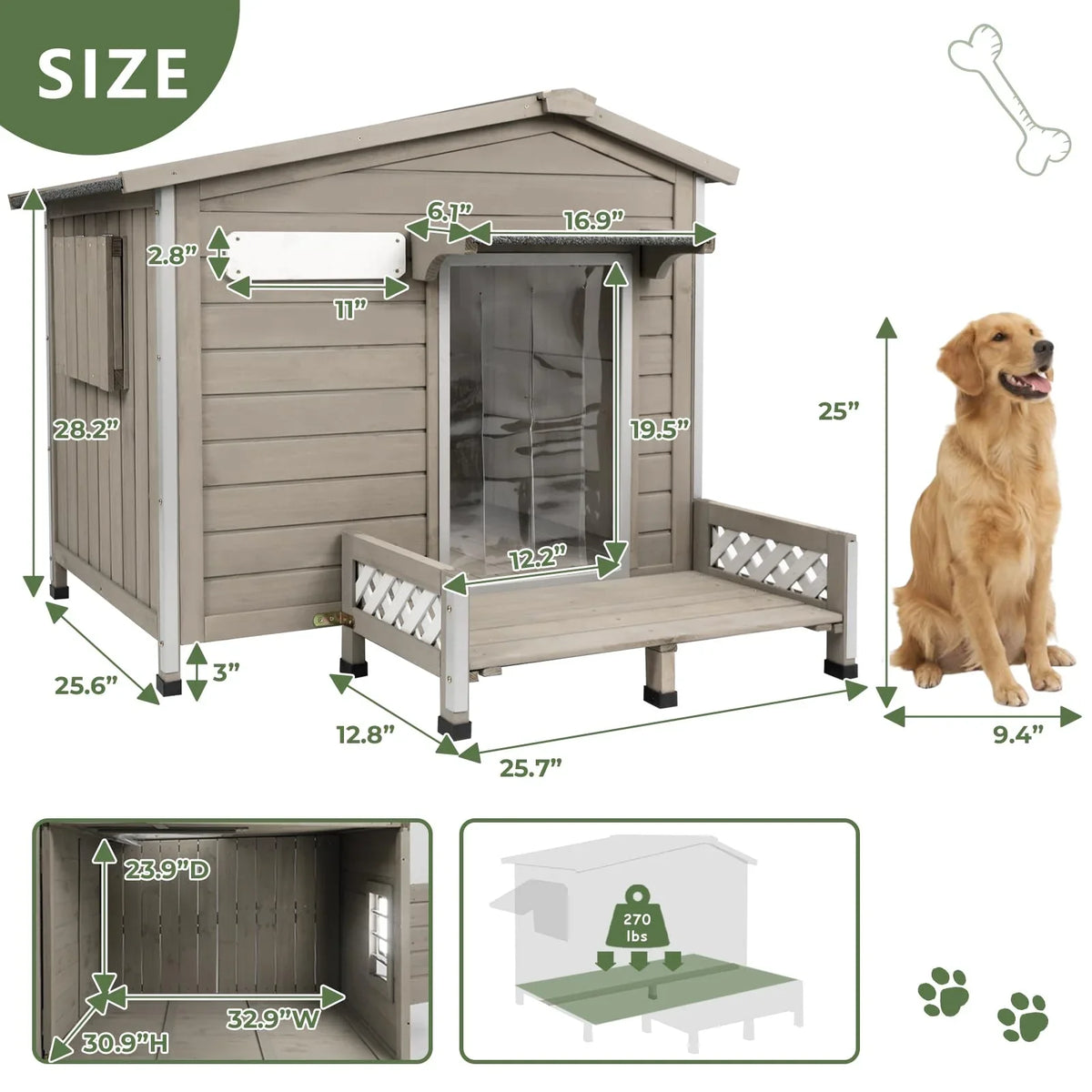 PETSCOSSET Outdoor Dog House, Wooden Dog Kennel with Porch & Window for Medium Dog