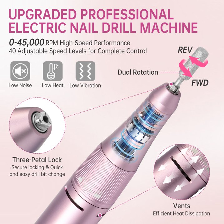 Sentryse Electric Nail Drill Machine 45000RPM Professional Rechargeable Nail File with LCD Display  Base  7 Bits, Nail Drill Kit for Manicure, Pedicure, Acrylic Nails Gel Polishing, Pink